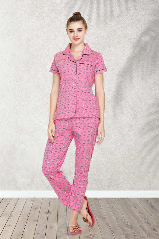 Collar Style Pink Quirky Night Suit