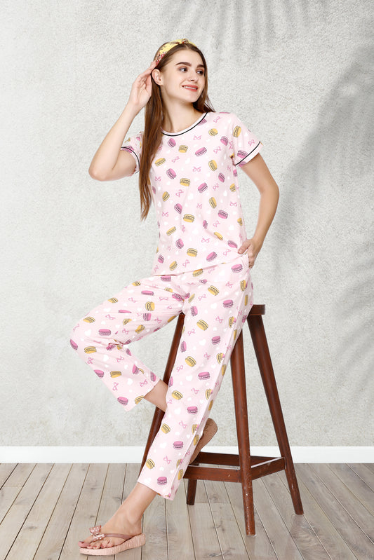 Baby Pink Night Suit in Quirky Print