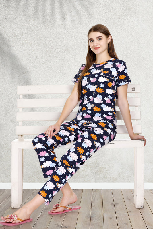 Navy Blue Night Suit with Colorful Print