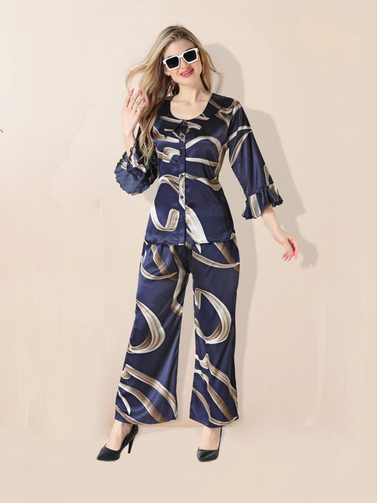 Blue Abstract Print Luxury Satin Night Suit