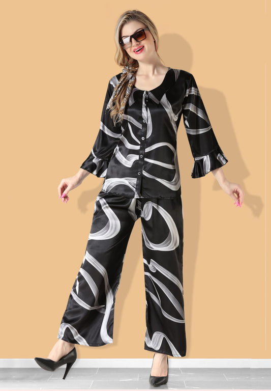 Black Abstract Print Luxury Satin Night Suit