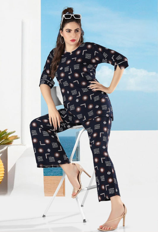 Long- Printed Navy-Red Night Suit