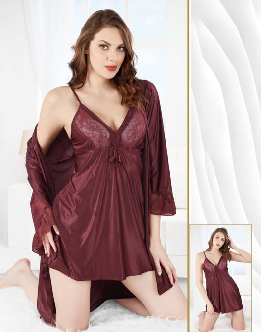 Imported Fabric 3- Piece Fancy Maroon Night Dress